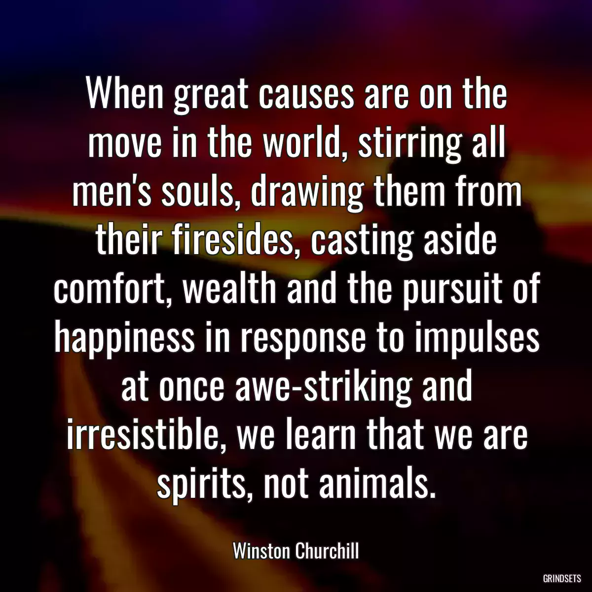 When great causes are on the move in the world, stirring all men\'s souls, drawing them from their firesides, casting aside comfort, wealth and the pursuit of happiness in response to impulses at once awe-striking and irresistible, we learn that we are spirits, not animals.