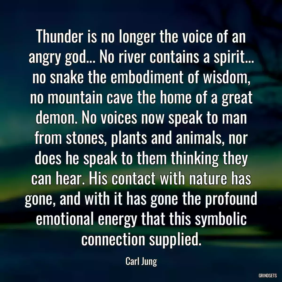 Thunder is no longer the voice of an angry god... No river contains a spirit... no snake the embodiment of wisdom, no mountain cave the home of a great demon. No voices now speak to man from stones, plants and animals, nor does he speak to them thinking they can hear. His contact with nature has gone, and with it has gone the profound emotional energy that this symbolic connection supplied.