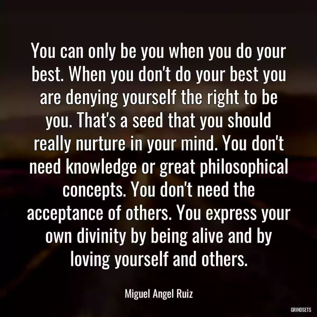 You can only be you when you do your best. When you don\'t do your best you are denying yourself the right to be you. That\'s a seed that you should really nurture in your mind. You don\'t need knowledge or great philosophical concepts. You don\'t need the acceptance of others. You express your own divinity by being alive and by loving yourself and others.