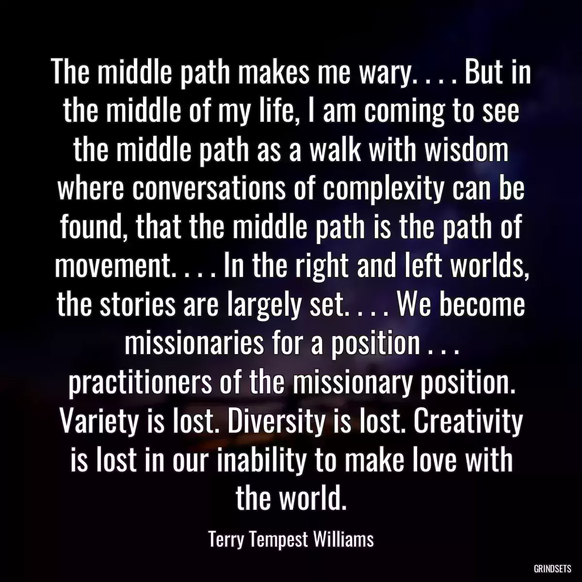 The middle path makes me wary. . . . But in the middle of my life, I am coming to see the middle path as a walk with wisdom where conversations of complexity can be found, that the middle path is the path of movement. . . . In the right and left worlds, the stories are largely set. . . . We become missionaries for a position . . . practitioners of the missionary position. Variety is lost. Diversity is lost. Creativity is lost in our inability to make love with the world.