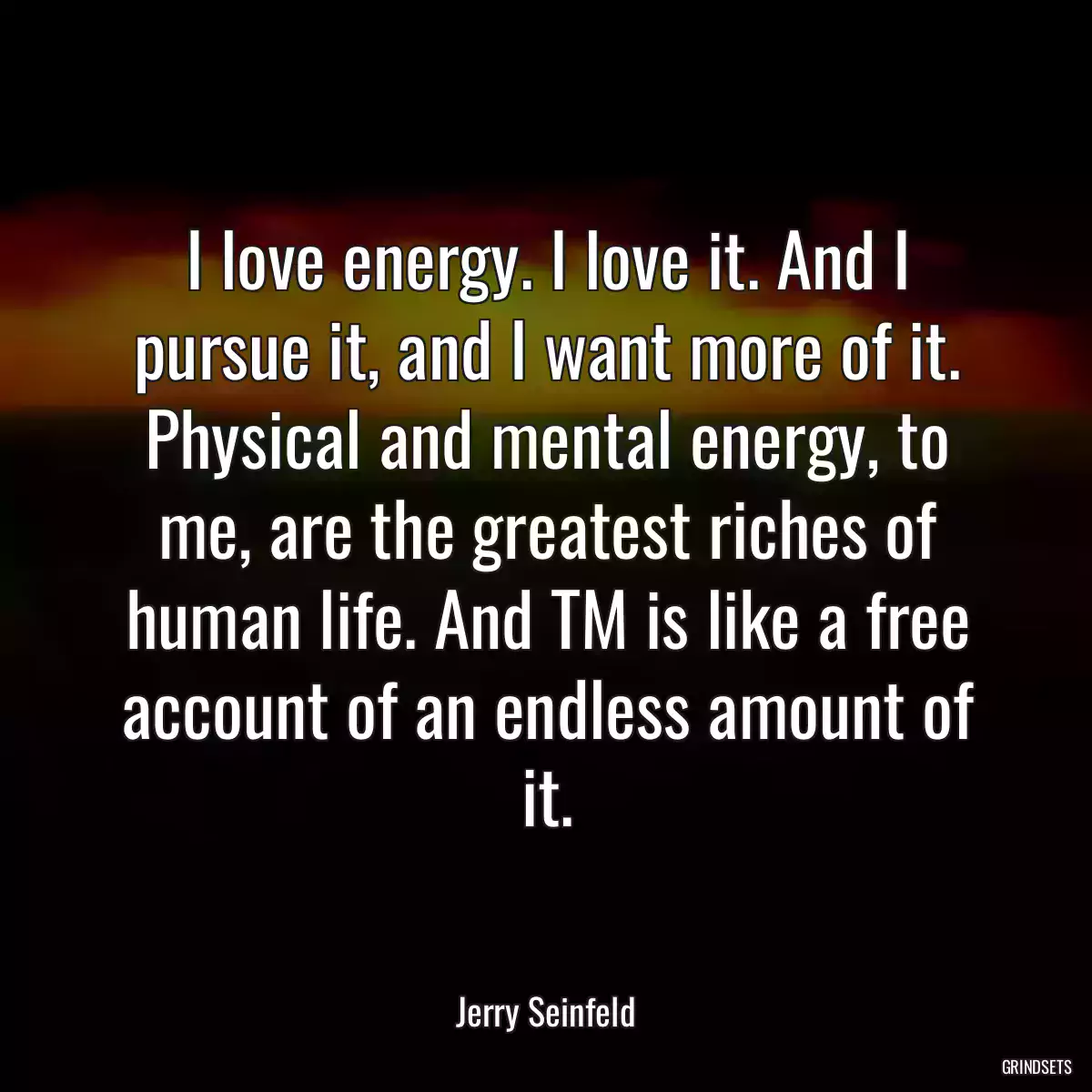 I love energy. I love it. And I pursue it, and I want more of it. Physical and mental energy, to me, are the greatest riches of human life. And TM is like a free account of an endless amount of it.