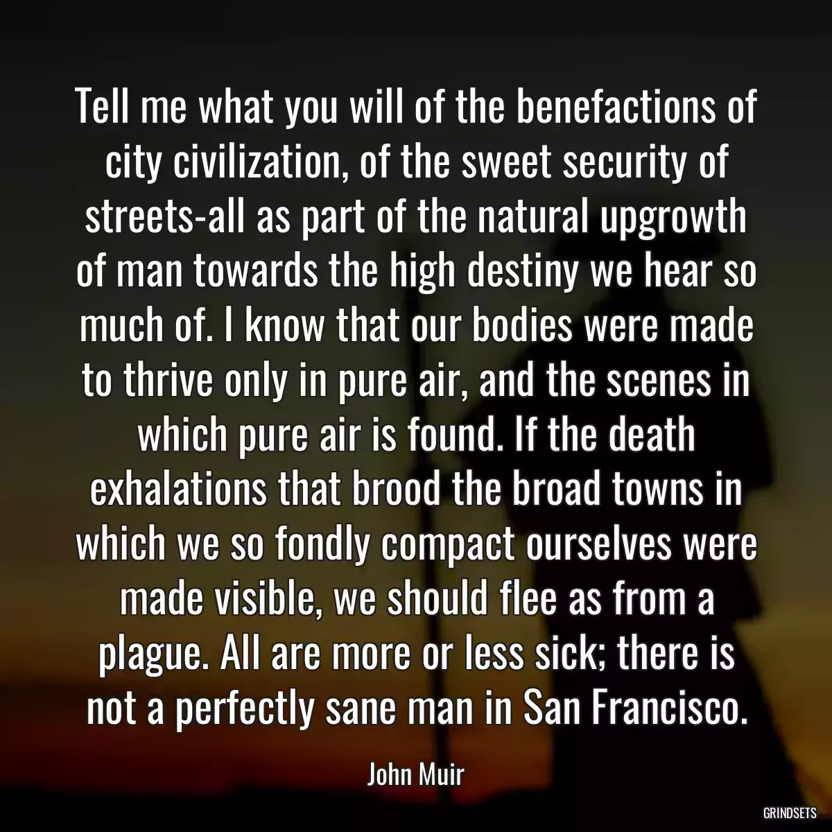 Tell me what you will of the benefactions of city civilization, of the sweet security of streets-all as part of the natural upgrowth of man towards the high destiny we hear so much of. I know that our bodies were made to thrive only in pure air, and the scenes in which pure air is found. If the death exhalations that brood the broad towns in which we so fondly compact ourselves were made visible, we should flee as from a plague. All are more or less sick; there is not a perfectly sane man in San Francisco.