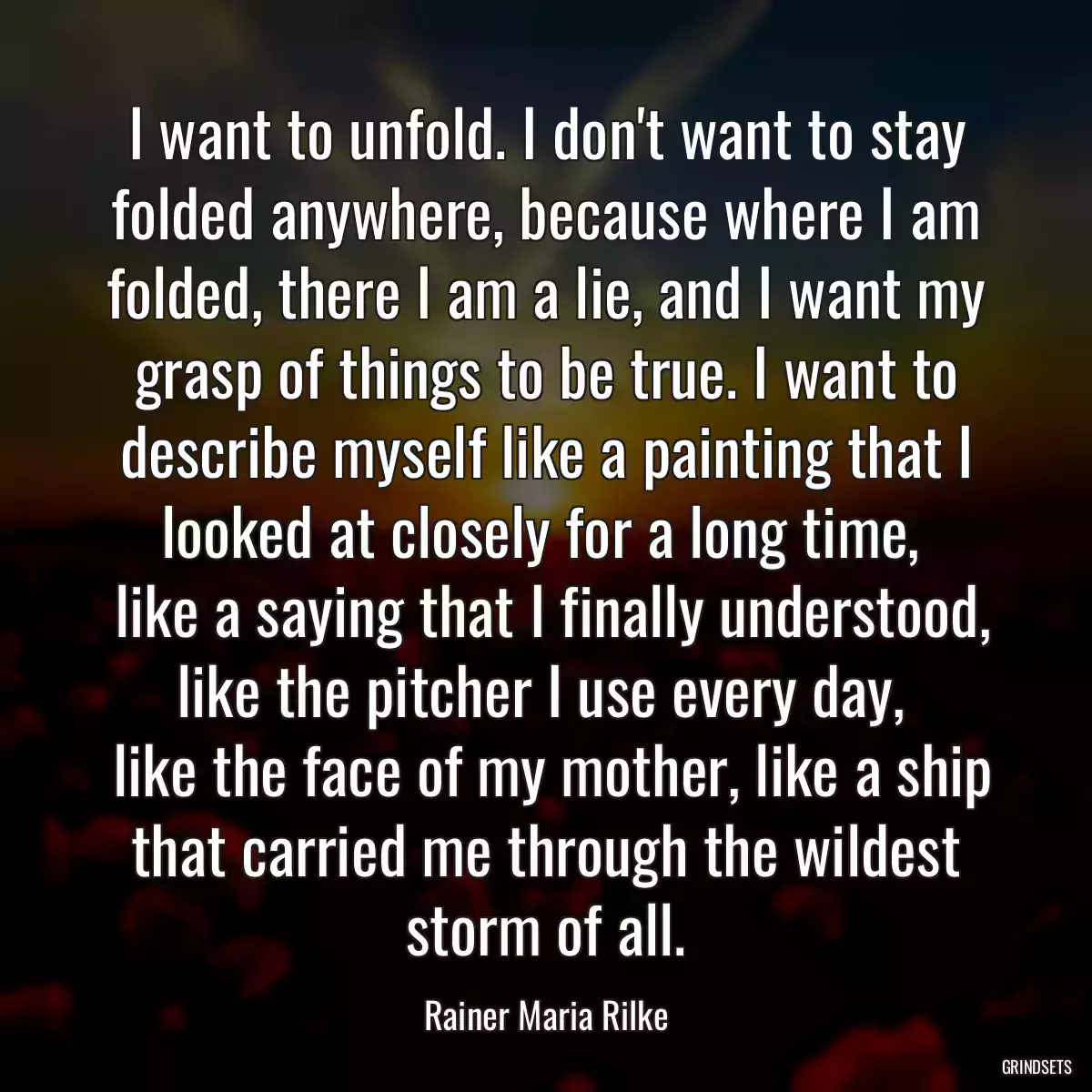 I want to unfold. I don\'t want to stay folded anywhere, because where I am folded, there I am a lie, and I want my grasp of things to be true. I want to describe myself like a painting that I looked at closely for a long time, 
 like a saying that I finally understood, like the pitcher I use every day, 
 like the face of my mother, like a ship that carried me through the wildest storm of all.