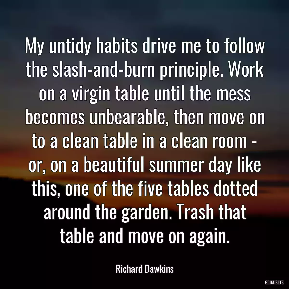 My untidy habits drive me to follow the slash-and-burn principle. Work on a virgin table until the mess becomes unbearable, then move on to a clean table in a clean room - or, on a beautiful summer day like this, one of the five tables dotted around the garden. Trash that table and move on again.