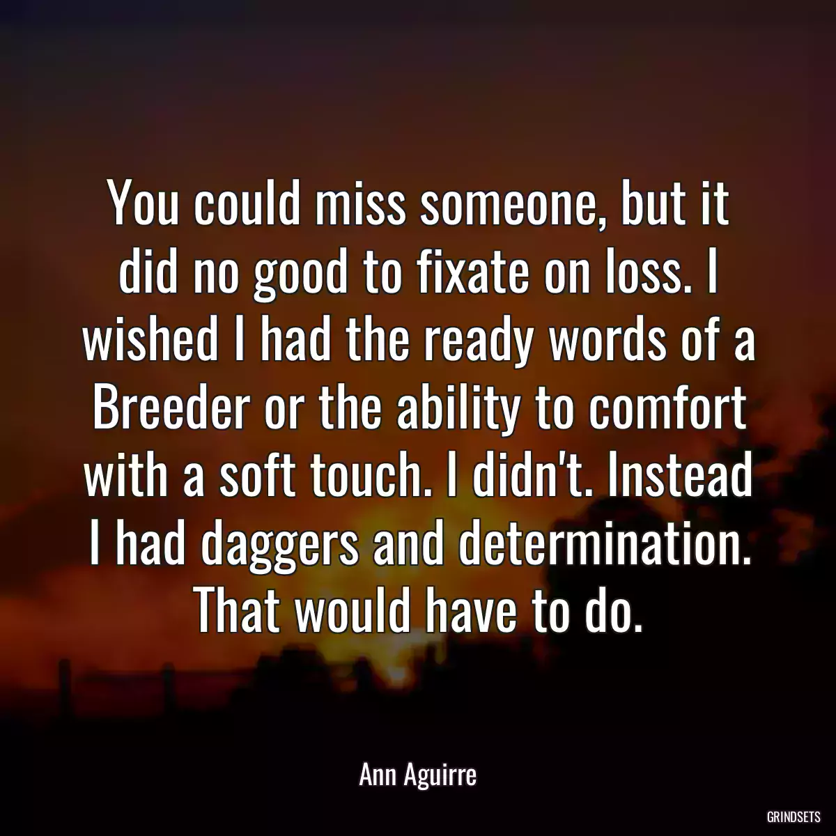 You could miss someone, but it did no good to fixate on loss. I wished I had the ready words of a Breeder or the ability to comfort with a soft touch. I didn\'t. Instead I had daggers and determination. That would have to do.