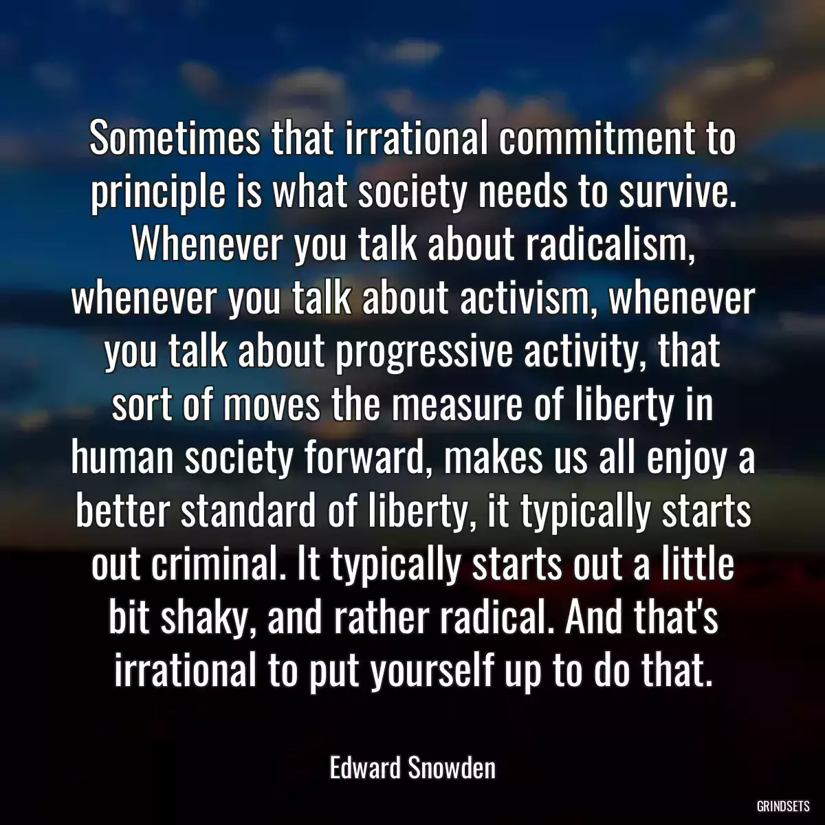 Sometimes that irrational commitment to principle is what society needs to survive. Whenever you talk about radicalism, whenever you talk about activism, whenever you talk about progressive activity, that sort of moves the measure of liberty in human society forward, makes us all enjoy a better standard of liberty, it typically starts out criminal. It typically starts out a little bit shaky, and rather radical. And that\'s irrational to put yourself up to do that.