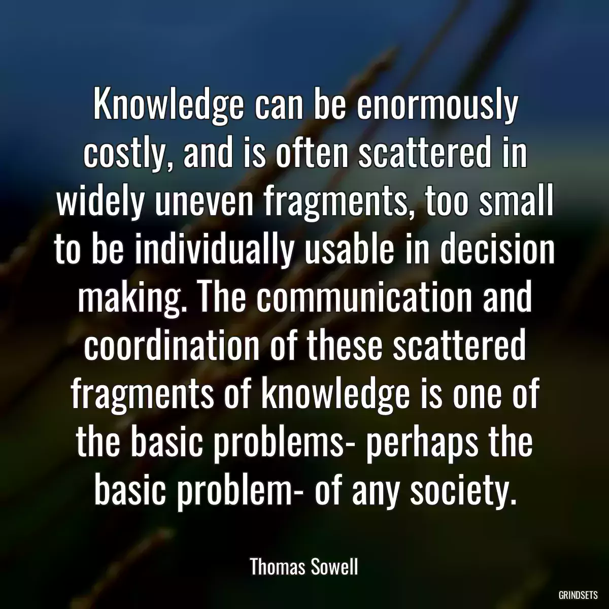 Knowledge can be enormously costly, and is often scattered in widely uneven fragments, too small to be individually usable in decision making. The communication and coordination of these scattered fragments of knowledge is one of the basic problems- perhaps the basic problem- of any society.