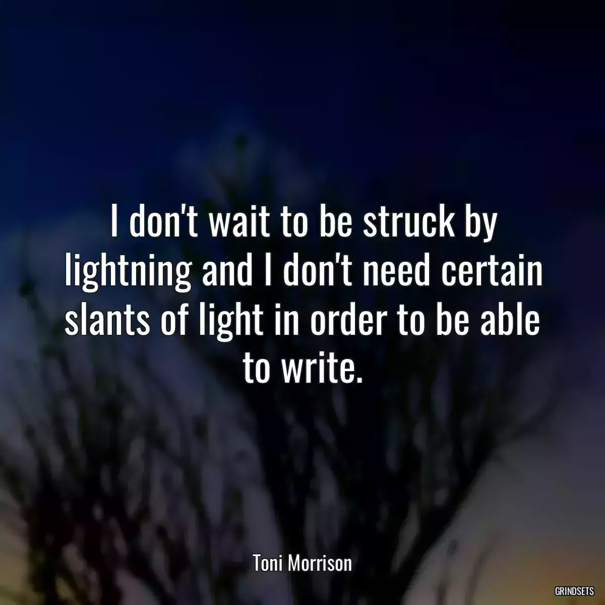 I don\'t wait to be struck by lightning and I don\'t need certain slants of light in order to be able to write.