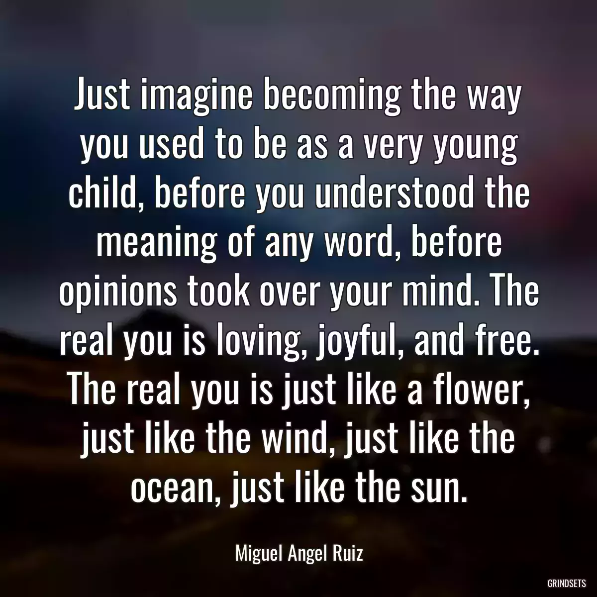 Just imagine becoming the way you used to be as a very young child, before you understood the meaning of any word, before opinions took over your mind. The real you is loving, joyful, and free. The real you is just like a flower, just like the wind, just like the ocean, just like the sun.