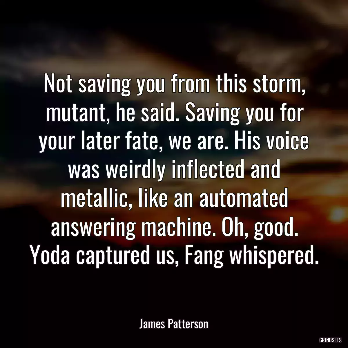 Not saving you from this storm, mutant, he said. Saving you for your later fate, we are. His voice was weirdly inflected and metallic, like an automated answering machine. Oh, good. Yoda captured us, Fang whispered.