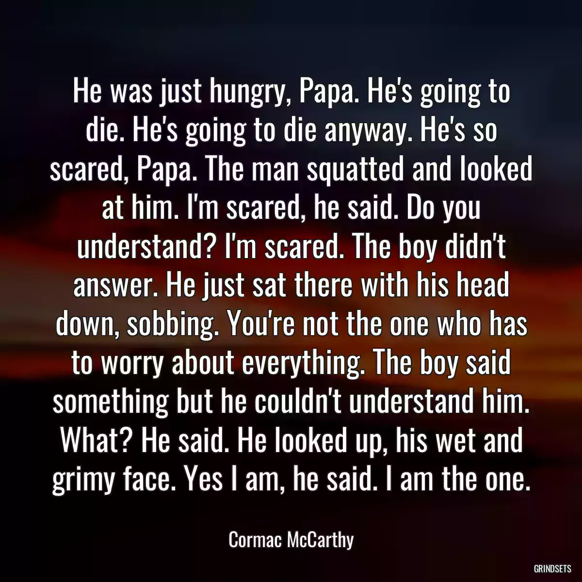 He was just hungry, Papa. He\'s going to die. He\'s going to die anyway. He\'s so scared, Papa. The man squatted and looked at him. I\'m scared, he said. Do you understand? I\'m scared. The boy didn\'t answer. He just sat there with his head down, sobbing. You\'re not the one who has to worry about everything. The boy said something but he couldn\'t understand him. What? He said. He looked up, his wet and grimy face. Yes I am, he said. I am the one.