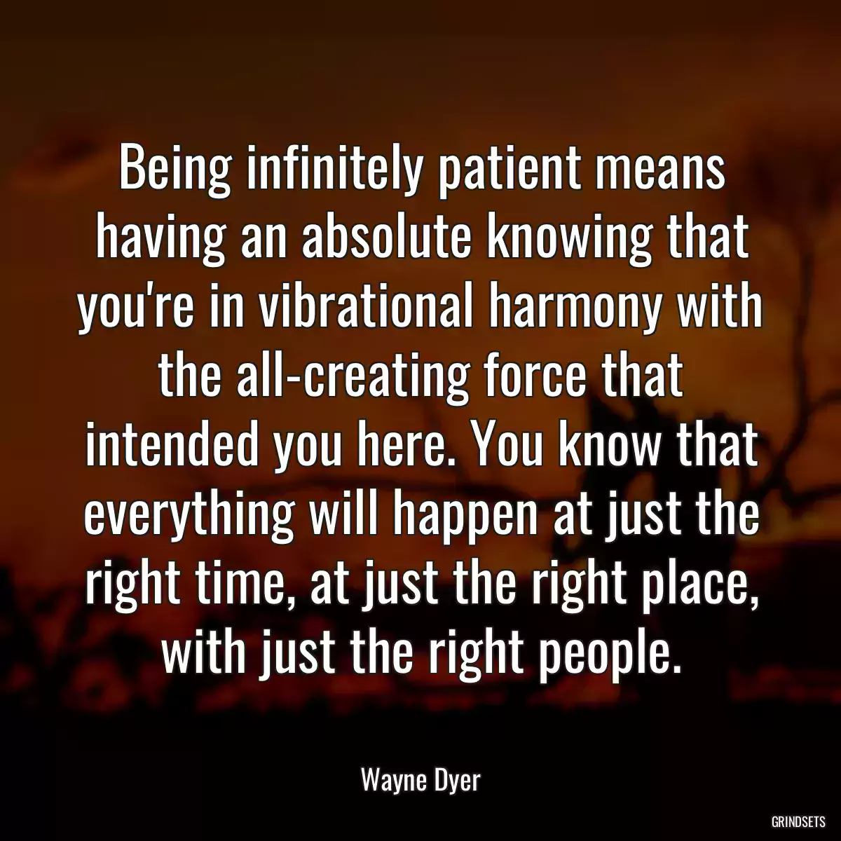 Being infinitely patient means having an absolute knowing that you\'re in vibrational harmony with the all-creating force that intended you here. You know that everything will happen at just the right time, at just the right place, with just the right people.