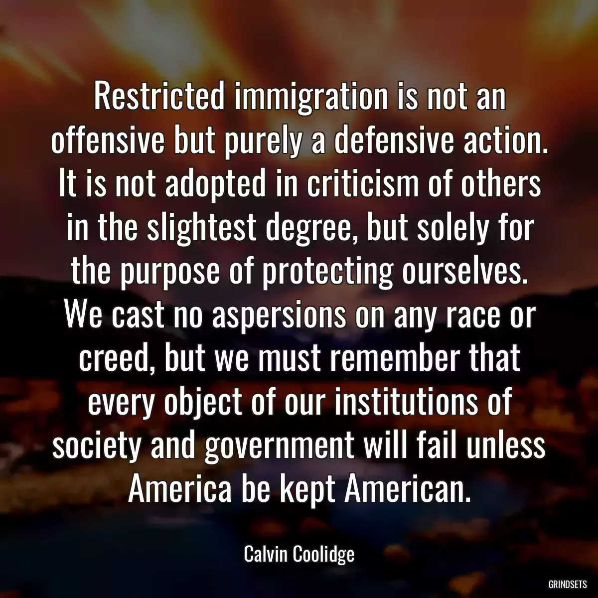 Restricted immigration is not an offensive but purely a defensive action. It is not adopted in criticism of others in the slightest degree, but solely for the purpose of protecting ourselves. We cast no aspersions on any race or creed, but we must remember that every object of our institutions of society and government will fail unless America be kept American.