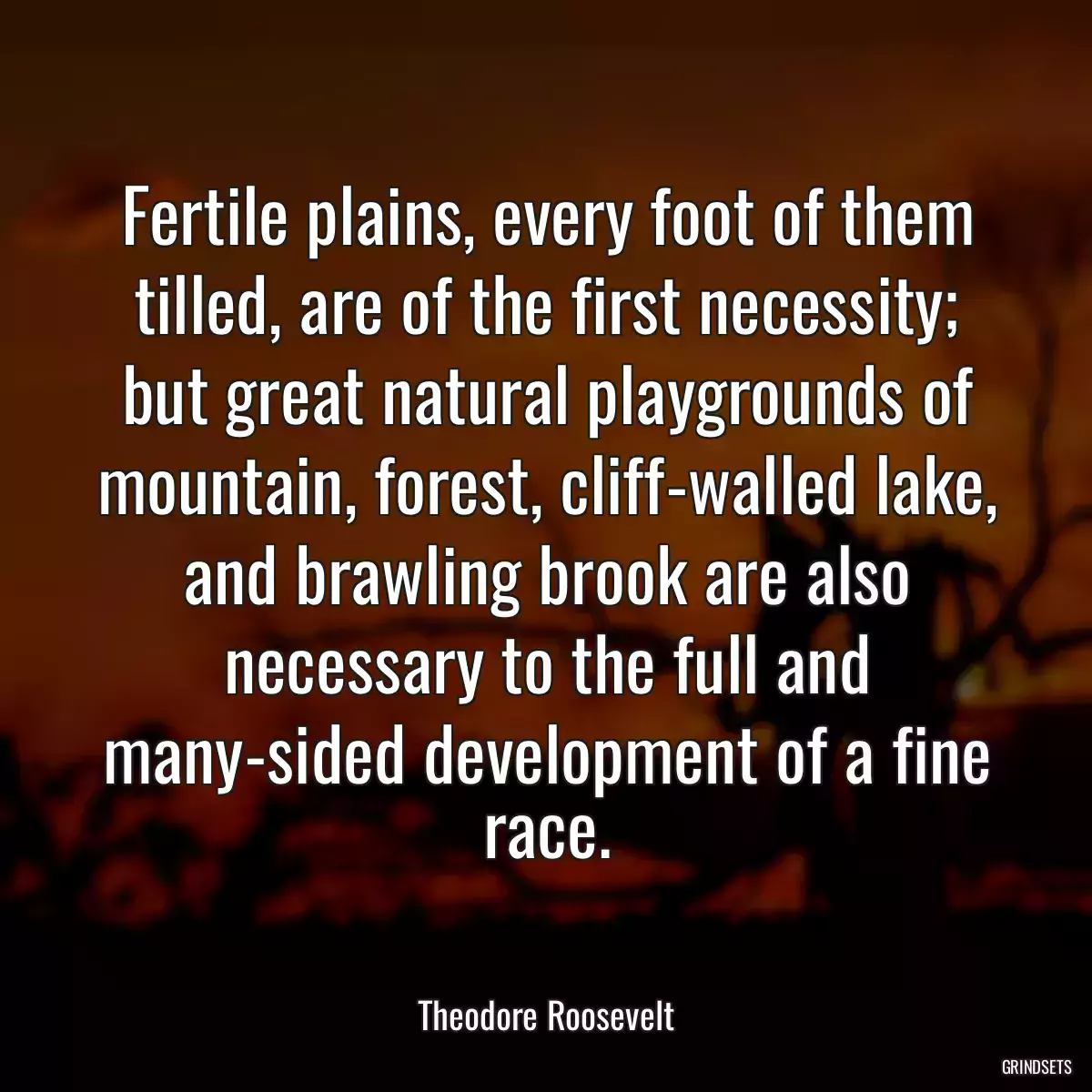 Fertile plains, every foot of them tilled, are of the first necessity; but great natural playgrounds of mountain, forest, cliff-walled lake, and brawling brook are also necessary to the full and many-sided development of a fine race.