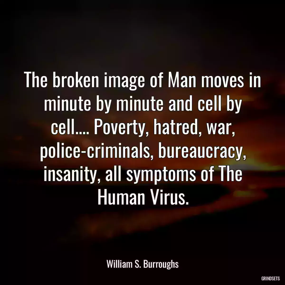 The broken image of Man moves in minute by minute and cell by cell.... Poverty, hatred, war, police-criminals, bureaucracy, insanity, all symptoms of The Human Virus.