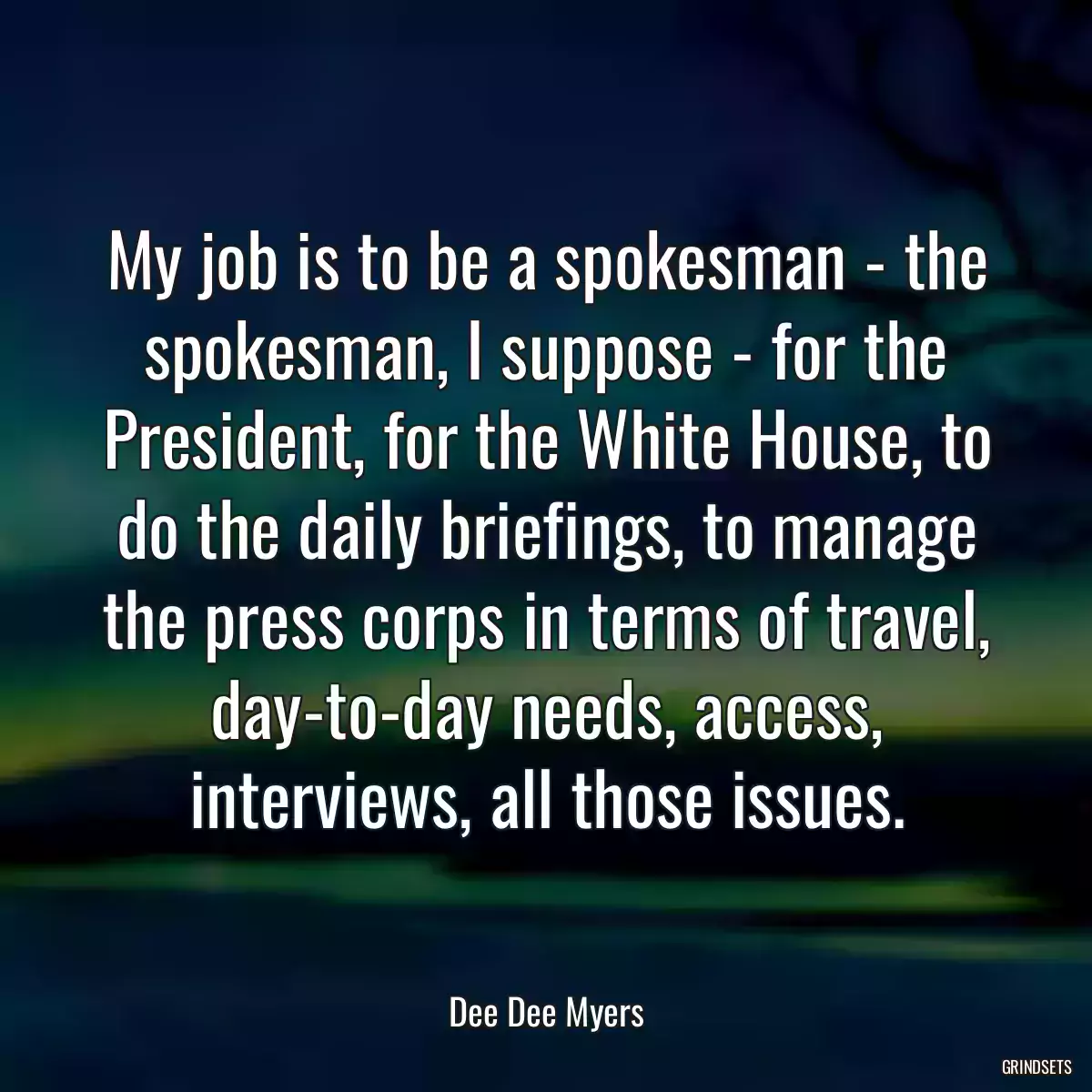 My job is to be a spokesman - the spokesman, I suppose - for the President, for the White House, to do the daily briefings, to manage the press corps in terms of travel, day-to-day needs, access, interviews, all those issues.