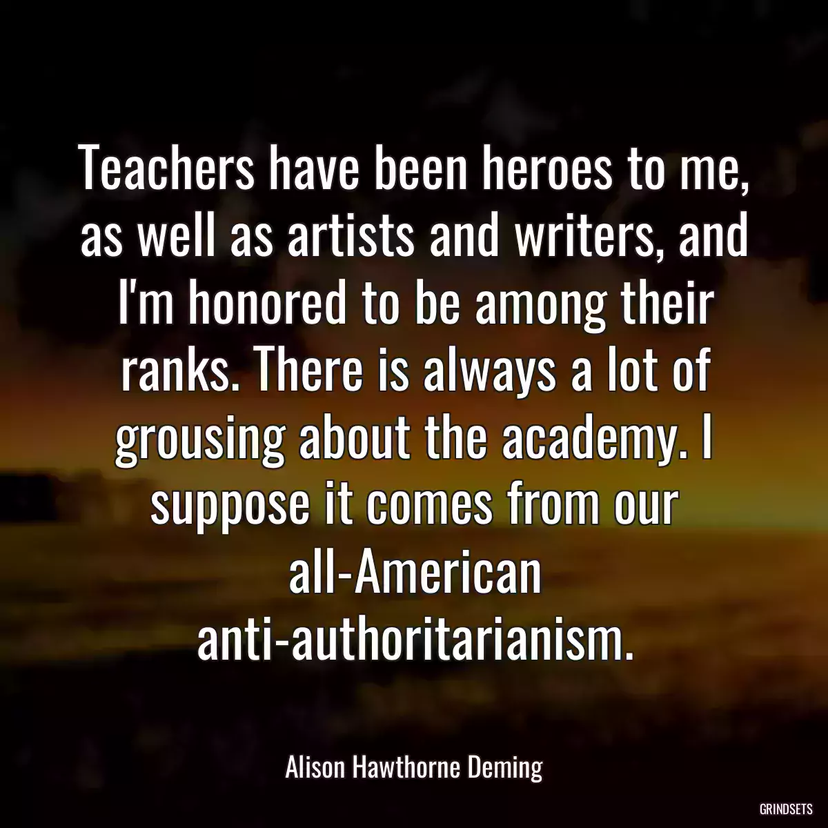 Teachers have been heroes to me, as well as artists and writers, and I\'m honored to be among their ranks. There is always a lot of grousing about the academy. I suppose it comes from our all-American anti-authoritarianism.