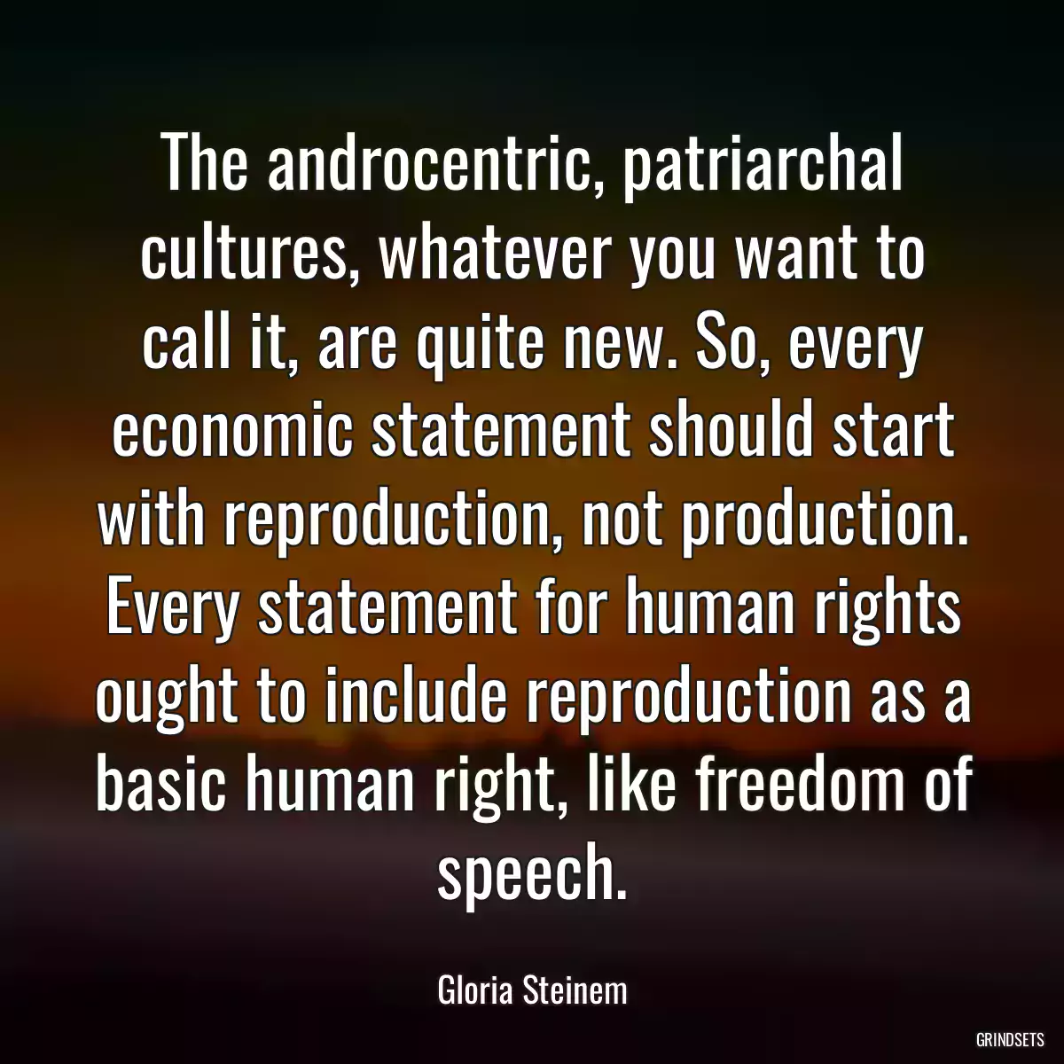 The androcentric, patriarchal cultures, whatever you want to call it, are quite new. So, every economic statement should start with reproduction, not production. Every statement for human rights ought to include reproduction as a basic human right, like freedom of speech.