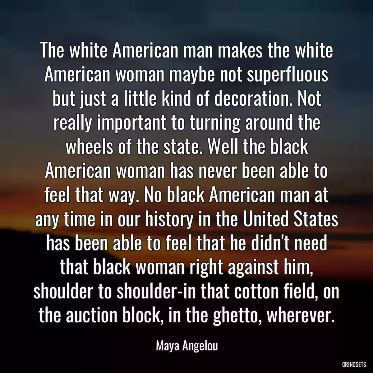 The white American man makes the white American woman maybe not superfluous but just a little kind of decoration. Not really important to turning around the wheels of the state. Well the black American woman has never been able to feel that way. No black American man at any time in our history in the United States has been able to feel that he didn\'t need that black woman right against him, shoulder to shoulder-in that cotton field, on the auction block, in the ghetto, wherever.