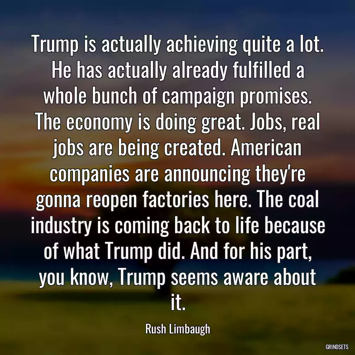 Trump is actually achieving quite a lot. He has actually already fulfilled a whole bunch of campaign promises. The economy is doing great. Jobs, real jobs are being created. American companies are announcing they\'re gonna reopen factories here. The coal industry is coming back to life because of what Trump did. And for his part, you know, Trump seems aware about it.