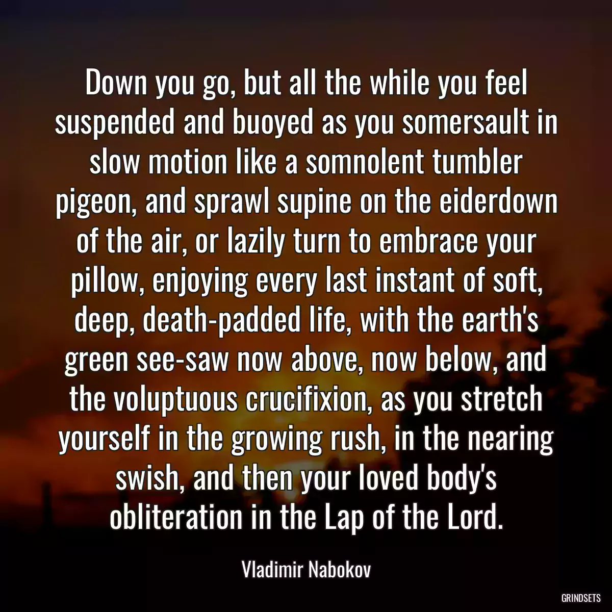 Down you go, but all the while you feel suspended and buoyed as you somersault in slow motion like a somnolent tumbler pigeon, and sprawl supine on the eiderdown of the air, or lazily turn to embrace your pillow, enjoying every last instant of soft, deep, death-padded life, with the earth\'s green see-saw now above, now below, and the voluptuous crucifixion, as you stretch yourself in the growing rush, in the nearing swish, and then your loved body\'s obliteration in the Lap of the Lord.