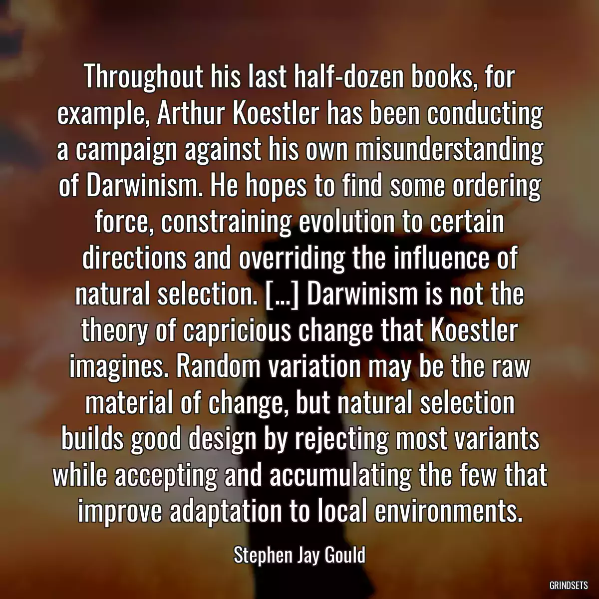 Throughout his last half-dozen books, for example, Arthur Koestler has been conducting a campaign against his own misunderstanding of Darwinism. He hopes to find some ordering force, constraining evolution to certain directions and overriding the influence of natural selection. [...] Darwinism is not the theory of capricious change that Koestler imagines. Random variation may be the raw material of change, but natural selection builds good design by rejecting most variants while accepting and accumulating the few that improve adaptation to local environments.