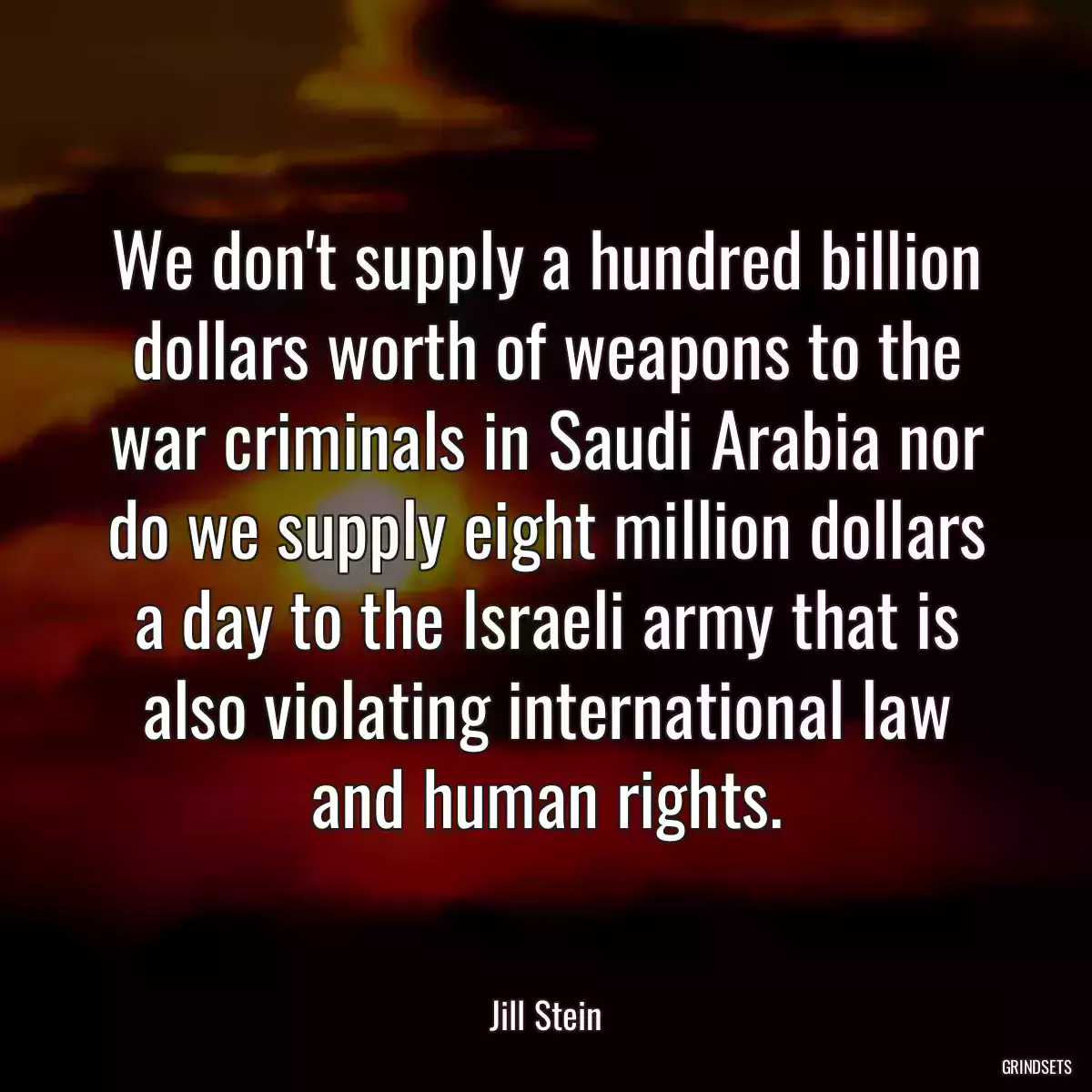 We don\'t supply a hundred billion dollars worth of weapons to the war criminals in Saudi Arabia nor do we supply eight million dollars a day to the Israeli army that is also violating international law and human rights.