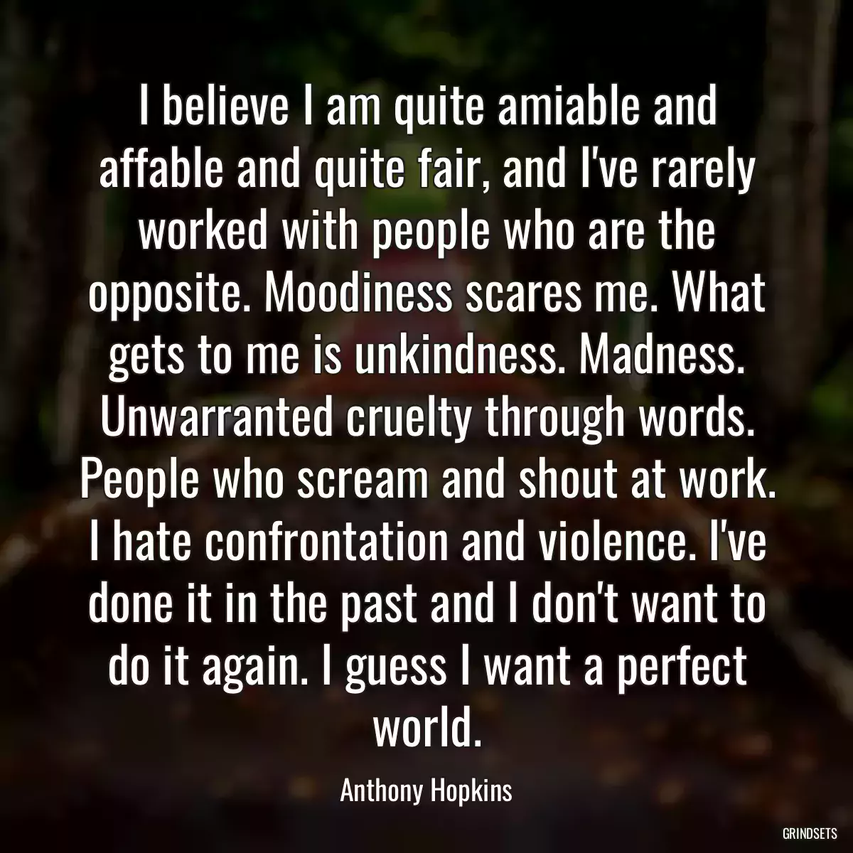 I believe I am quite amiable and affable and quite fair, and I\'ve rarely worked with people who are the opposite. Moodiness scares me. What gets to me is unkindness. Madness. Unwarranted cruelty through words. People who scream and shout at work. I hate confrontation and violence. I\'ve done it in the past and I don\'t want to do it again. I guess I want a perfect world.