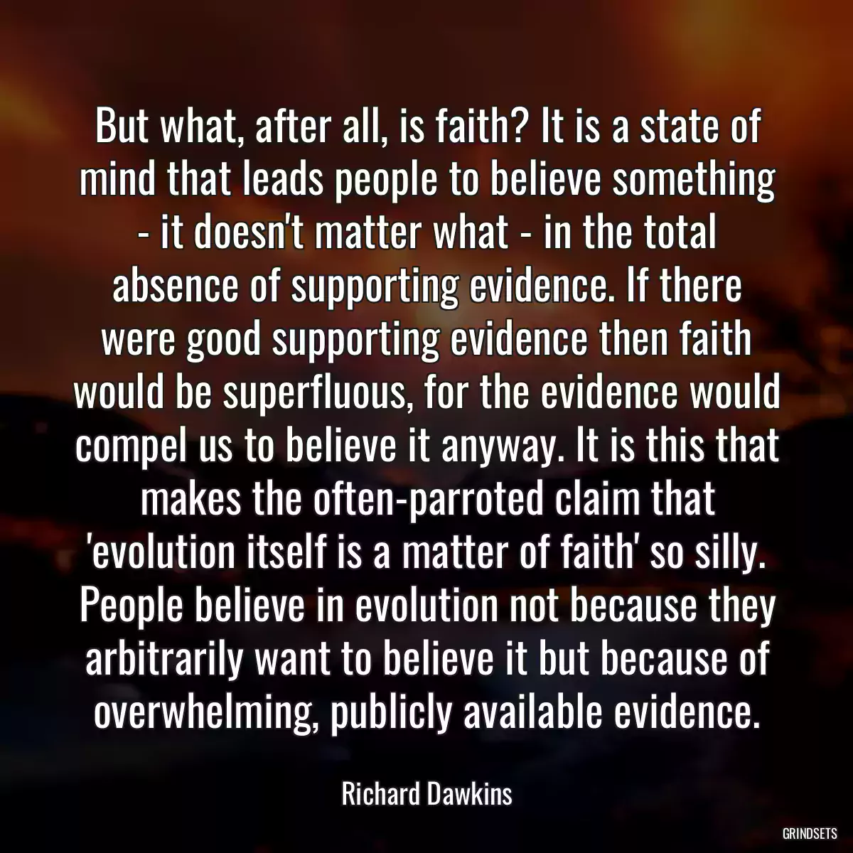 But what, after all, is faith? It is a state of mind that leads people to believe something - it doesn\'t matter what - in the total absence of supporting evidence. If there were good supporting evidence then faith would be superfluous, for the evidence would compel us to believe it anyway. It is this that makes the often-parroted claim that \'evolution itself is a matter of faith\' so silly. People believe in evolution not because they arbitrarily want to believe it but because of overwhelming, publicly available evidence.