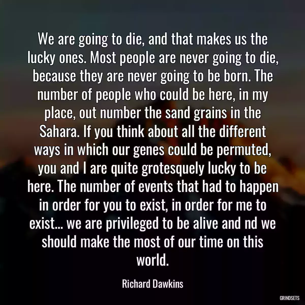 We are going to die, and that makes us the lucky ones. Most people are never going to die, because they are never going to be born. The number of people who could be here, in my place, out number the sand grains in the Sahara. If you think about all the different ways in which our genes could be permuted, you and I are quite grotesquely lucky to be here. The number of events that had to happen in order for you to exist, in order for me to exist... we are privileged to be alive and nd we should make the most of our time on this world.