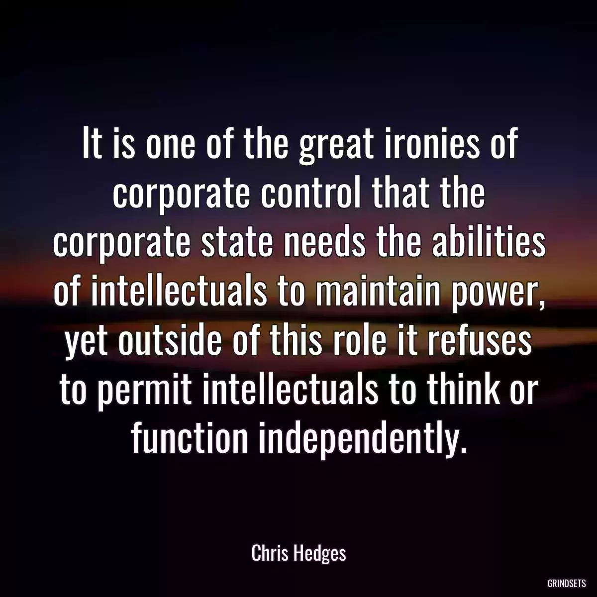 It is one of the great ironies of corporate control that the corporate state needs the abilities of intellectuals to maintain power, yet outside of this role it refuses to permit intellectuals to think or function independently.