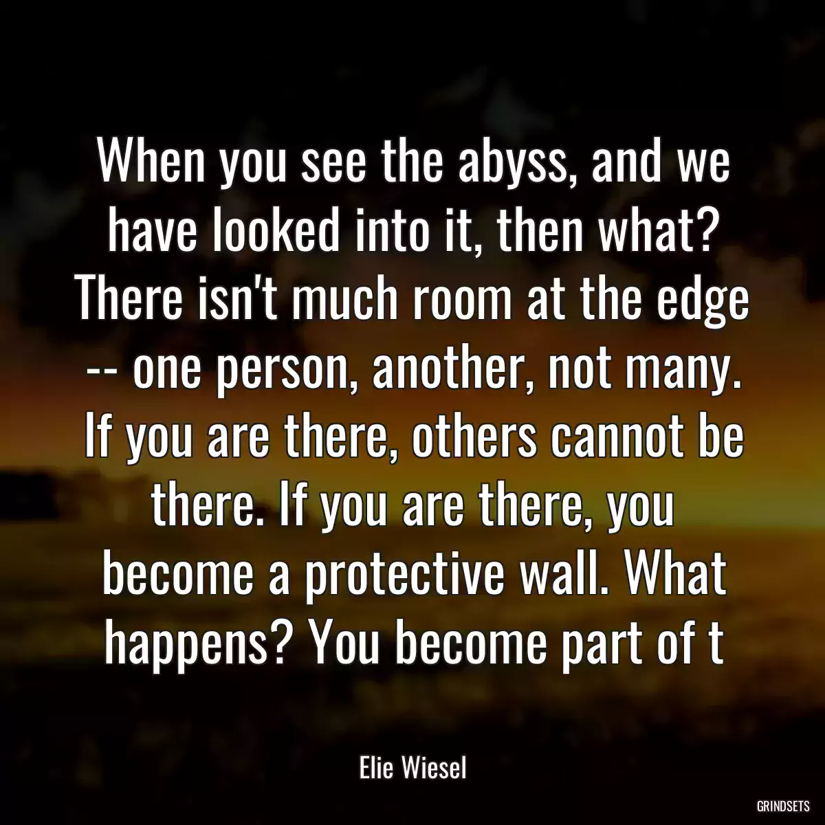 When you see the abyss, and we have looked into it, then what? There isn\'t much room at the edge -- one person, another, not many. If you are there, others cannot be there. If you are there, you become a protective wall. What happens? You become part of t