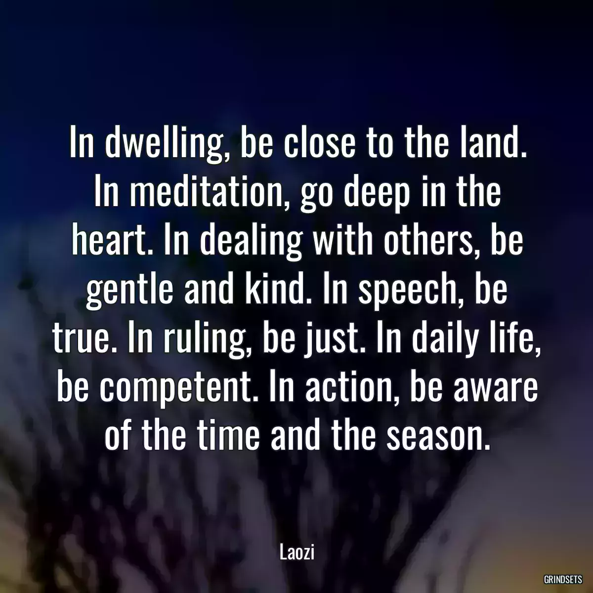 In dwelling, be close to the land. In meditation, go deep in the heart. In dealing with others, be gentle and kind. In speech, be true. In ruling, be just. In daily life, be competent. In action, be aware of the time and the season.