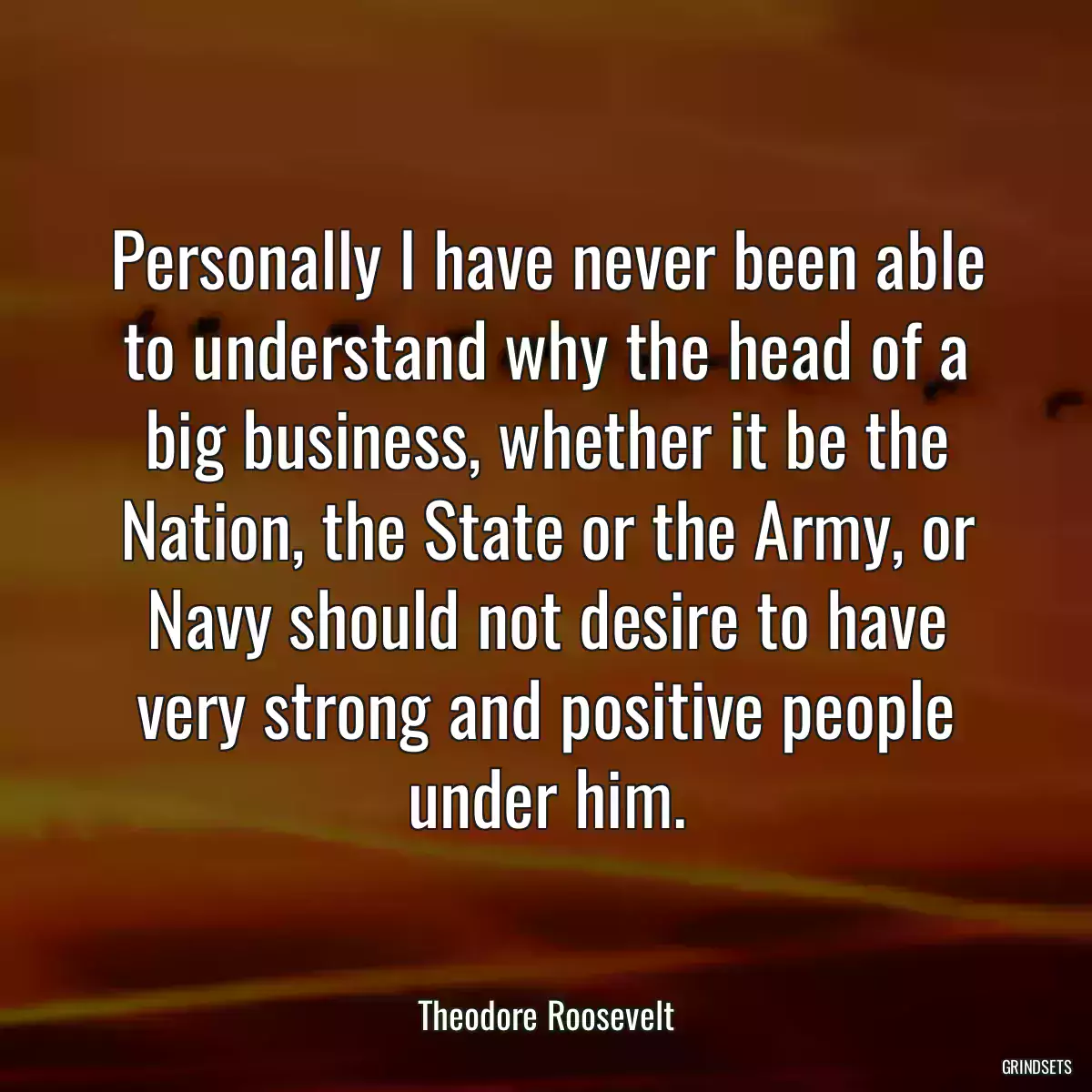 Personally I have never been able to understand why the head of a big business, whether it be the Nation, the State or the Army, or Navy should not desire to have very strong and positive people under him.