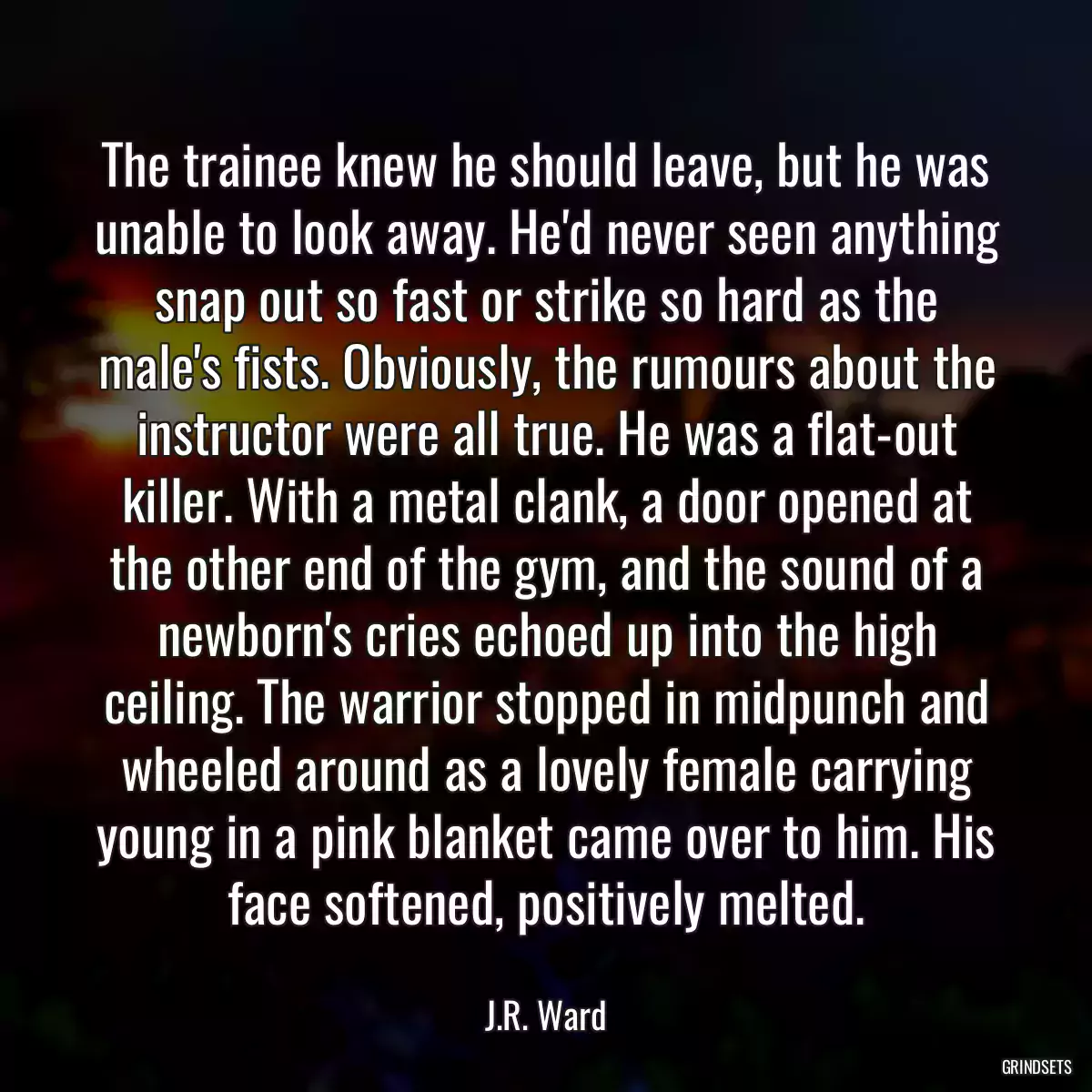 The trainee knew he should leave, but he was unable to look away. He\'d never seen anything snap out so fast or strike so hard as the male\'s fists. Obviously, the rumours about the instructor were all true. He was a flat-out killer. With a metal clank, a door opened at the other end of the gym, and the sound of a newborn\'s cries echoed up into the high ceiling. The warrior stopped in midpunch and wheeled around as a lovely female carrying young in a pink blanket came over to him. His face softened, positively melted.
