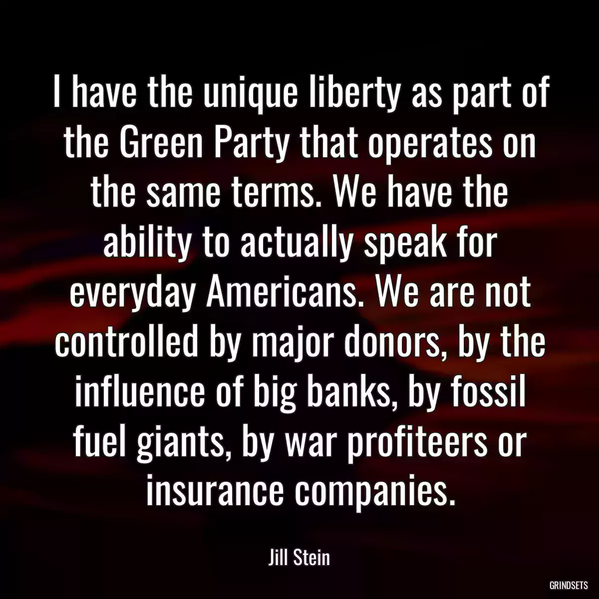 I have the unique liberty as part of the Green Party that operates on the same terms. We have the ability to actually speak for everyday Americans. We are not controlled by major donors, by the influence of big banks, by fossil fuel giants, by war profiteers or insurance companies.