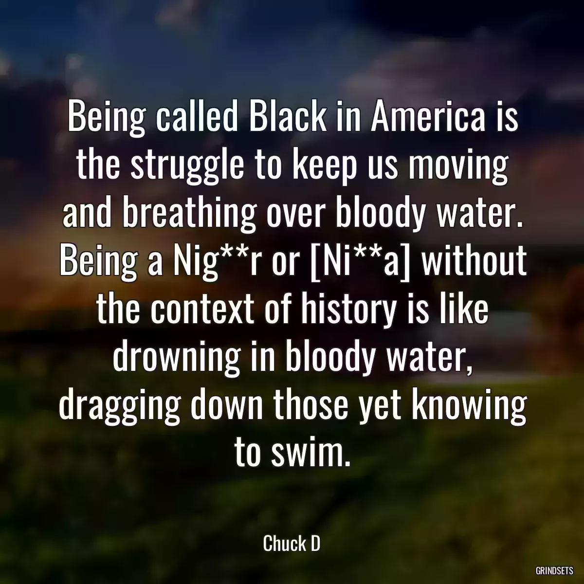 Being called Black in America is the struggle to keep us moving and breathing over bloody water. Being a Nig**r or [Ni**a] without the context of history is like drowning in bloody water, dragging down those yet knowing to swim.