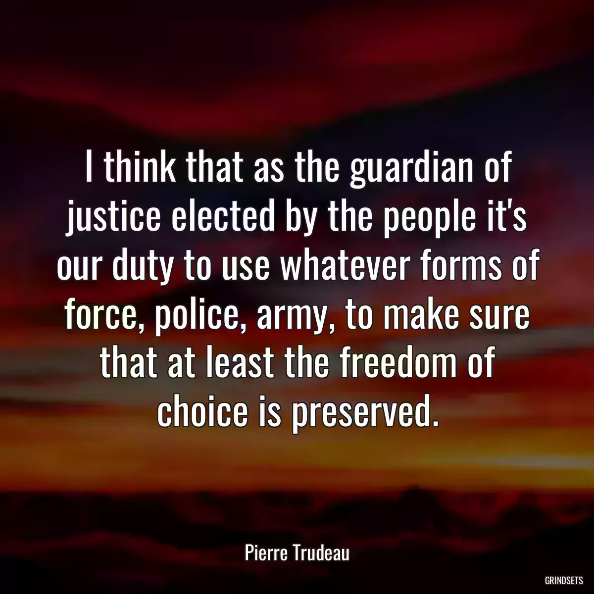 I think that as the guardian of justice elected by the people it\'s our duty to use whatever forms of force, police, army, to make sure that at least the freedom of choice is preserved.