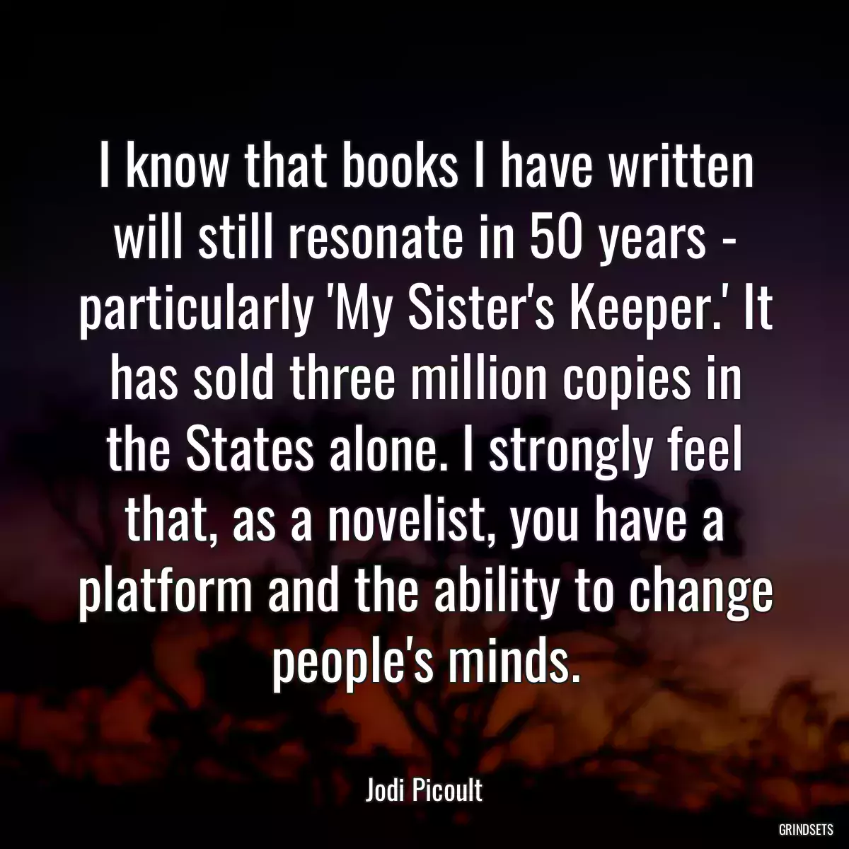 I know that books I have written will still resonate in 50 years - particularly \'My Sister\'s Keeper.\' It has sold three million copies in the States alone. I strongly feel that, as a novelist, you have a platform and the ability to change people\'s minds.