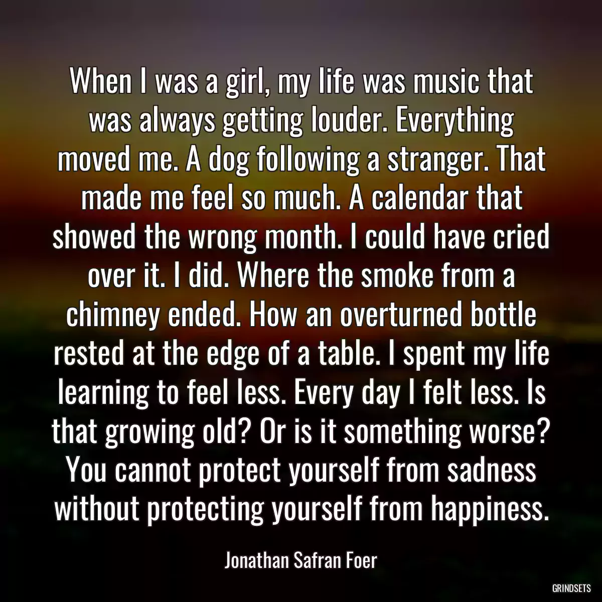 When I was a girl, my life was music that was always getting louder. Everything moved me. A dog following a stranger. That made me feel so much. A calendar that showed the wrong month. I could have cried over it. I did. Where the smoke from a chimney ended. How an overturned bottle rested at the edge of a table. I spent my life learning to feel less. Every day I felt less. Is that growing old? Or is it something worse? You cannot protect yourself from sadness without protecting yourself from happiness.