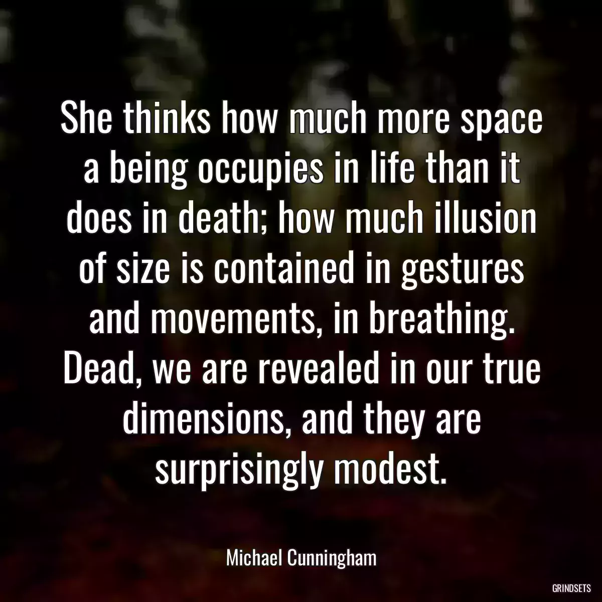 She thinks how much more space a being occupies in life than it does in death; how much illusion of size is contained in gestures and movements, in breathing. Dead, we are revealed in our true dimensions, and they are surprisingly modest.