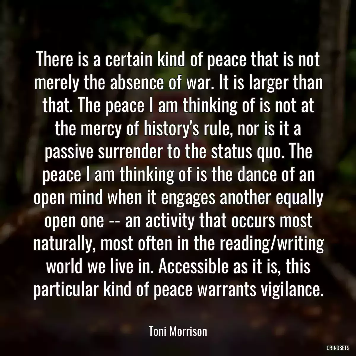 There is a certain kind of peace that is not merely the absence of war. It is larger than that. The peace I am thinking of is not at the mercy of history\'s rule, nor is it a passive surrender to the status quo. The peace I am thinking of is the dance of an open mind when it engages another equally open one -- an activity that occurs most naturally, most often in the reading/writing world we live in. Accessible as it is, this particular kind of peace warrants vigilance.