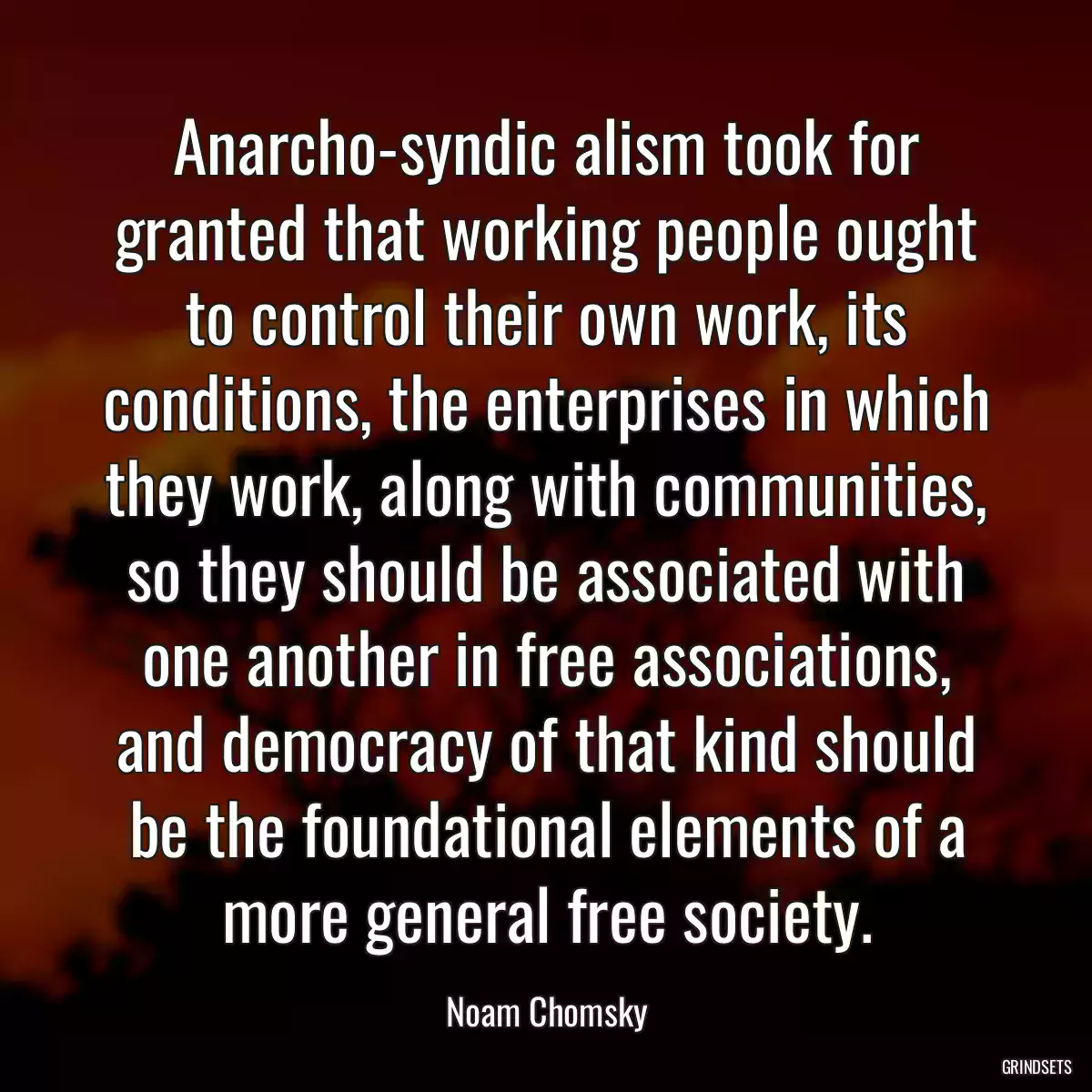 Anarcho-syndic alism took for granted that working people ought to control their own work, its conditions, the enterprises in which they work, along with communities, so they should be associated with one another in free associations, and democracy of that kind should be the foundational elements of a more general free society.