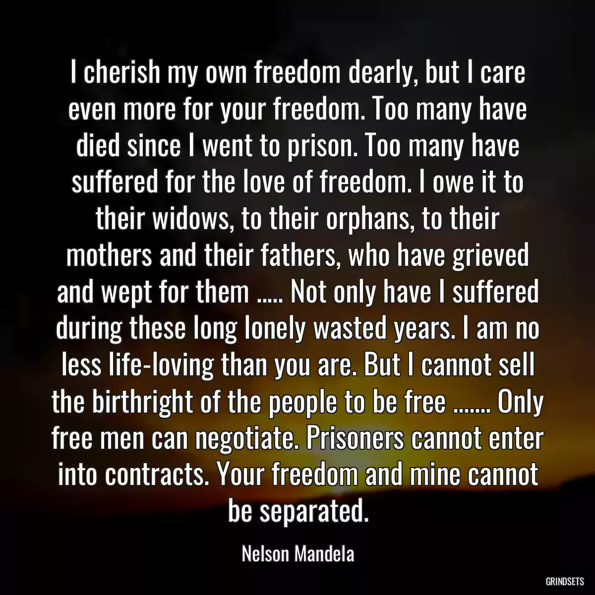 I cherish my own freedom dearly, but I care even more for your freedom. Too many have died since I went to prison. Too many have suffered for the love of freedom. I owe it to their widows, to their orphans, to their mothers and their fathers, who have grieved and wept for them ..... Not only have I suffered during these long lonely wasted years. I am no less life-loving than you are. But I cannot sell the birthright of the people to be free ....... Only free men can negotiate. Prisoners cannot enter into contracts. Your freedom and mine cannot be separated.