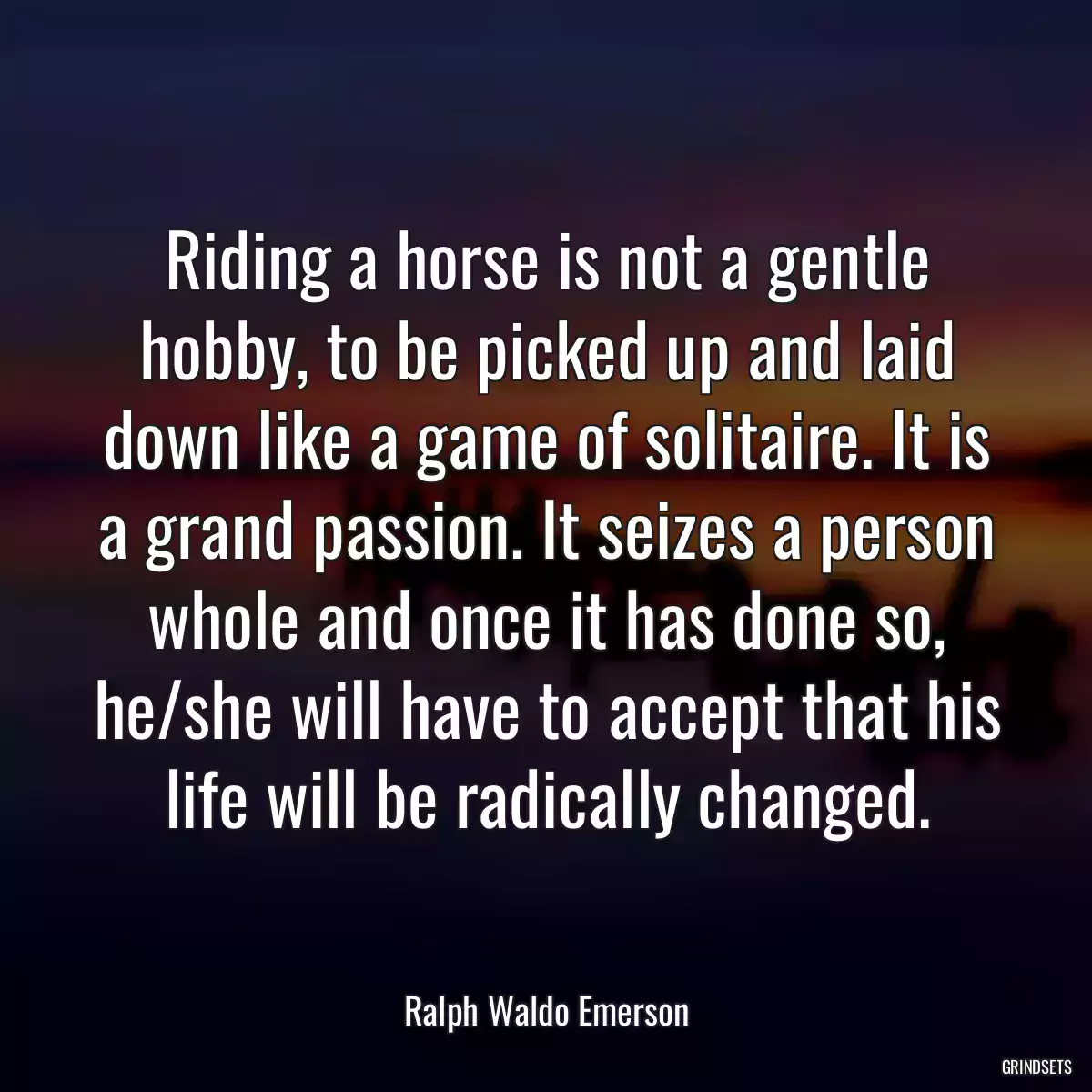 Riding a horse is not a gentle hobby, to be picked up and laid down like a game of solitaire. It is a grand passion. It seizes a person whole and once it has done so, he/she will have to accept that his life will be radically changed.