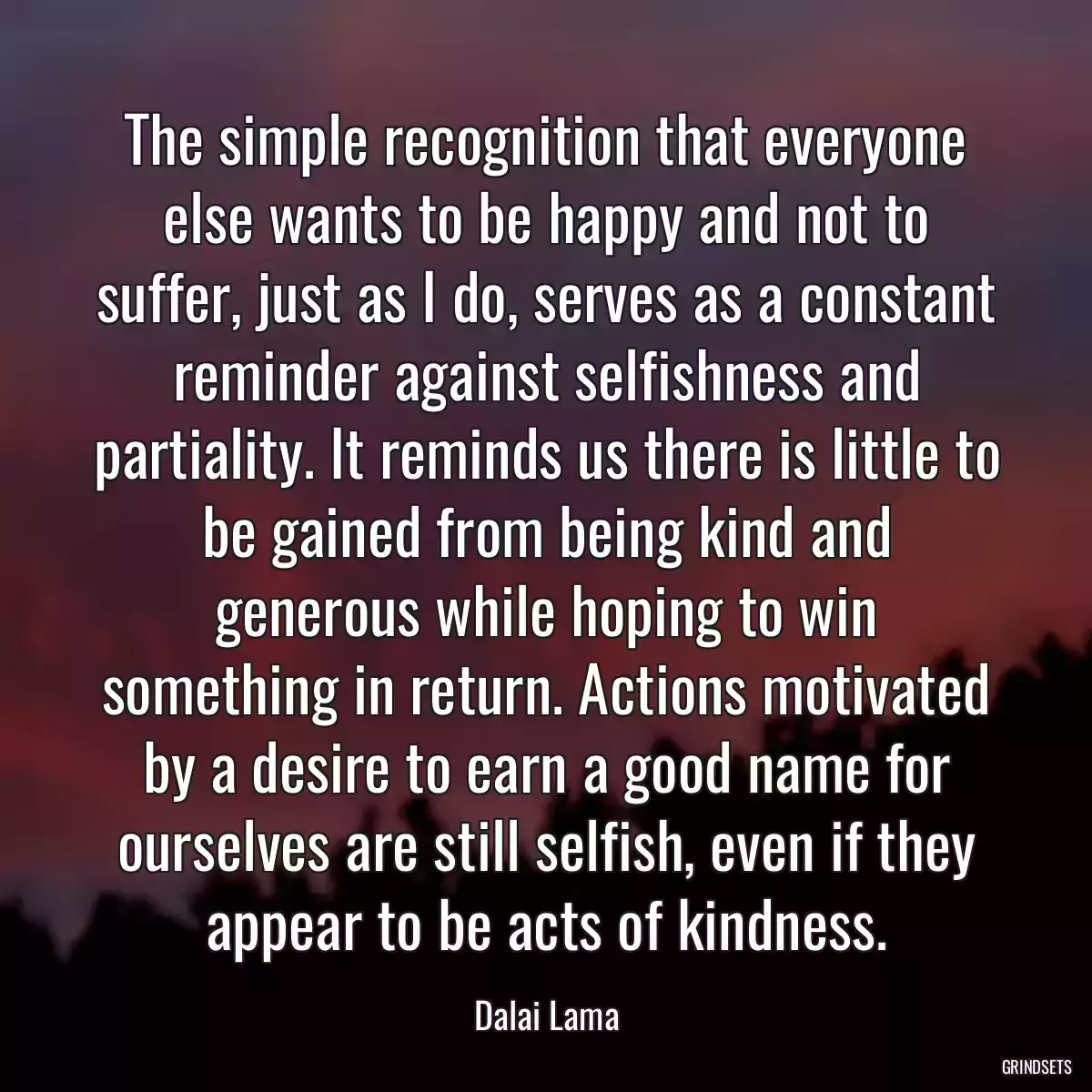 The simple recognition that everyone else wants to be happy and not to suffer, just as I do, serves as a constant reminder against selfishness and partiality. It reminds us there is little to be gained from being kind and generous while hoping to win something in return. Actions motivated by a desire to earn a good name for ourselves are still selfish, even if they appear to be acts of kindness.