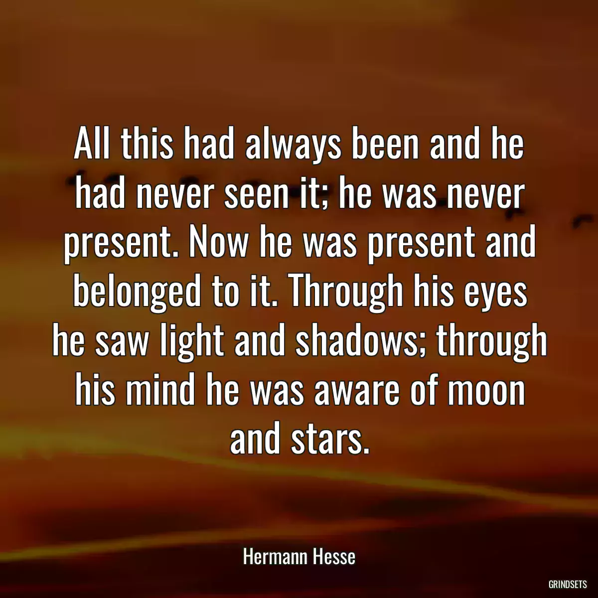 All this had always been and he had never seen it; he was never present. Now he was present and belonged to it. Through his eyes he saw light and shadows; through his mind he was aware of moon and stars.