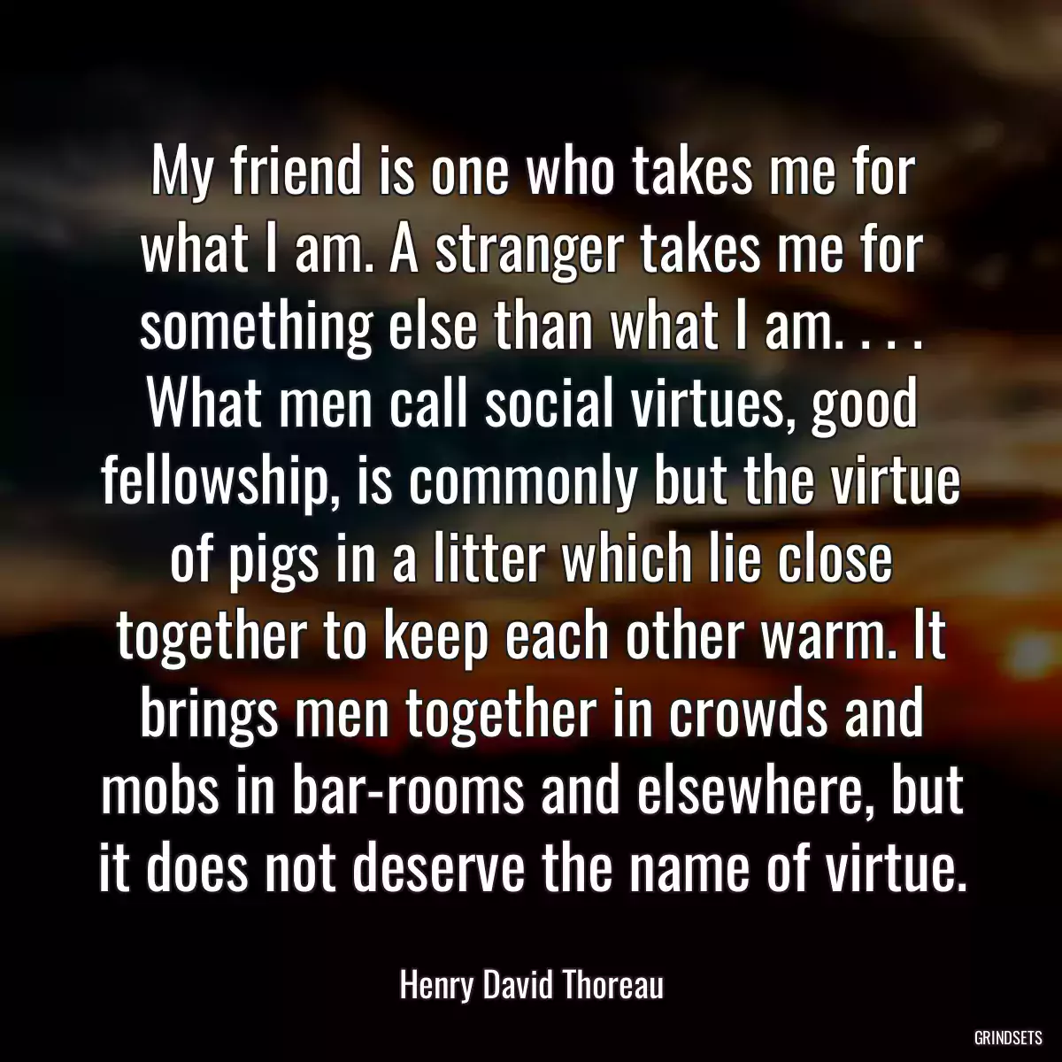 My friend is one who takes me for what I am. A stranger takes me for something else than what I am. . . . What men call social virtues, good fellowship, is commonly but the virtue of pigs in a litter which lie close together to keep each other warm. It brings men together in crowds and mobs in bar-rooms and elsewhere, but it does not deserve the name of virtue.