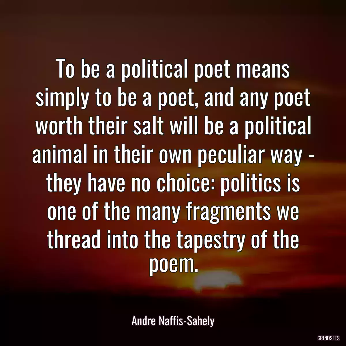 To be a political poet means simply to be a poet, and any poet worth their salt will be a political animal in their own peculiar way - they have no choice: politics is one of the many fragments we thread into the tapestry of the poem.