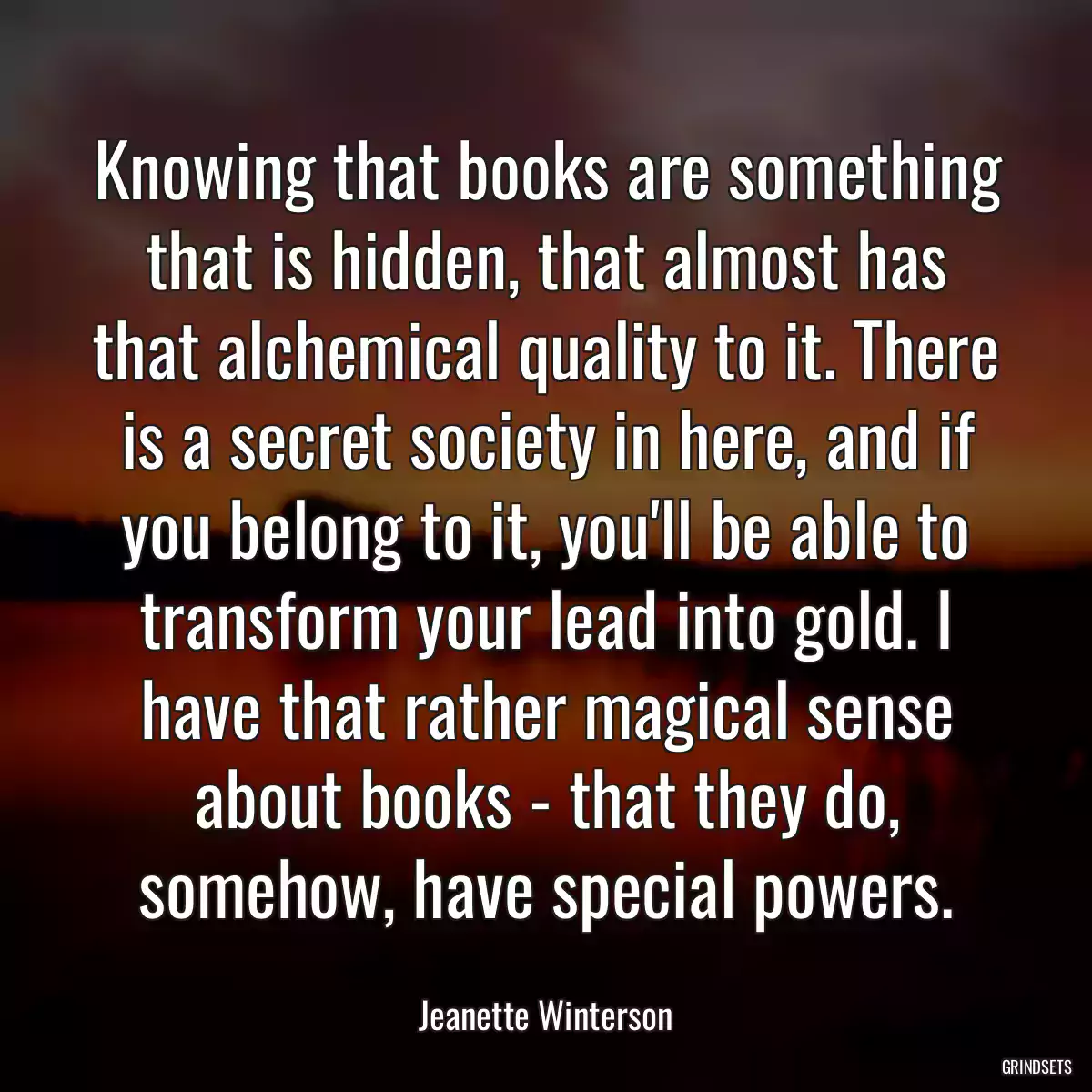 Knowing that books are something that is hidden, that almost has that alchemical quality to it. There is a secret society in here, and if you belong to it, you\'ll be able to transform your lead into gold. I have that rather magical sense about books - that they do, somehow, have special powers.